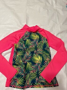 Lands' End Girls' Hot Pink Sleeved Rashguard with Tropical Leaf Print size Large
